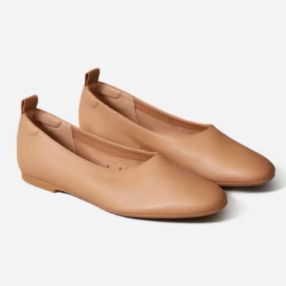 Everlane Day Ballet Flat Caramel Tan Leather Square Toe Minimal Size 10 NWOT